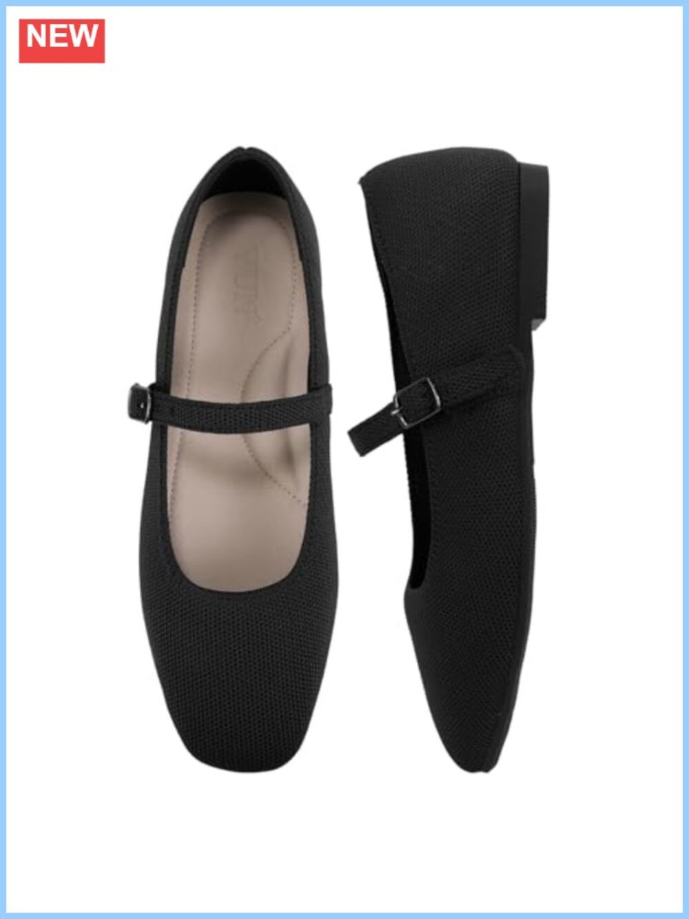 VUN Knit Ballet Flats Square Toe Adjustable Ankle Strap Arch Support Women